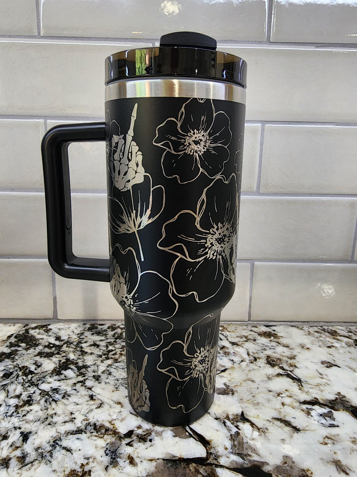 Middle Finger and Flower Themed Engraved 40oz Tumbler with Funny Image | Custom Insulated Travel Mug | Unique Sassy Gift