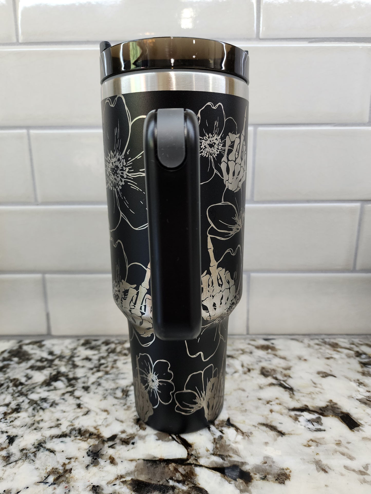 Middle Finger and Flower Themed Engraved 40oz Tumbler with Funny Image | Custom Insulated Travel Mug | Unique Sassy Gift