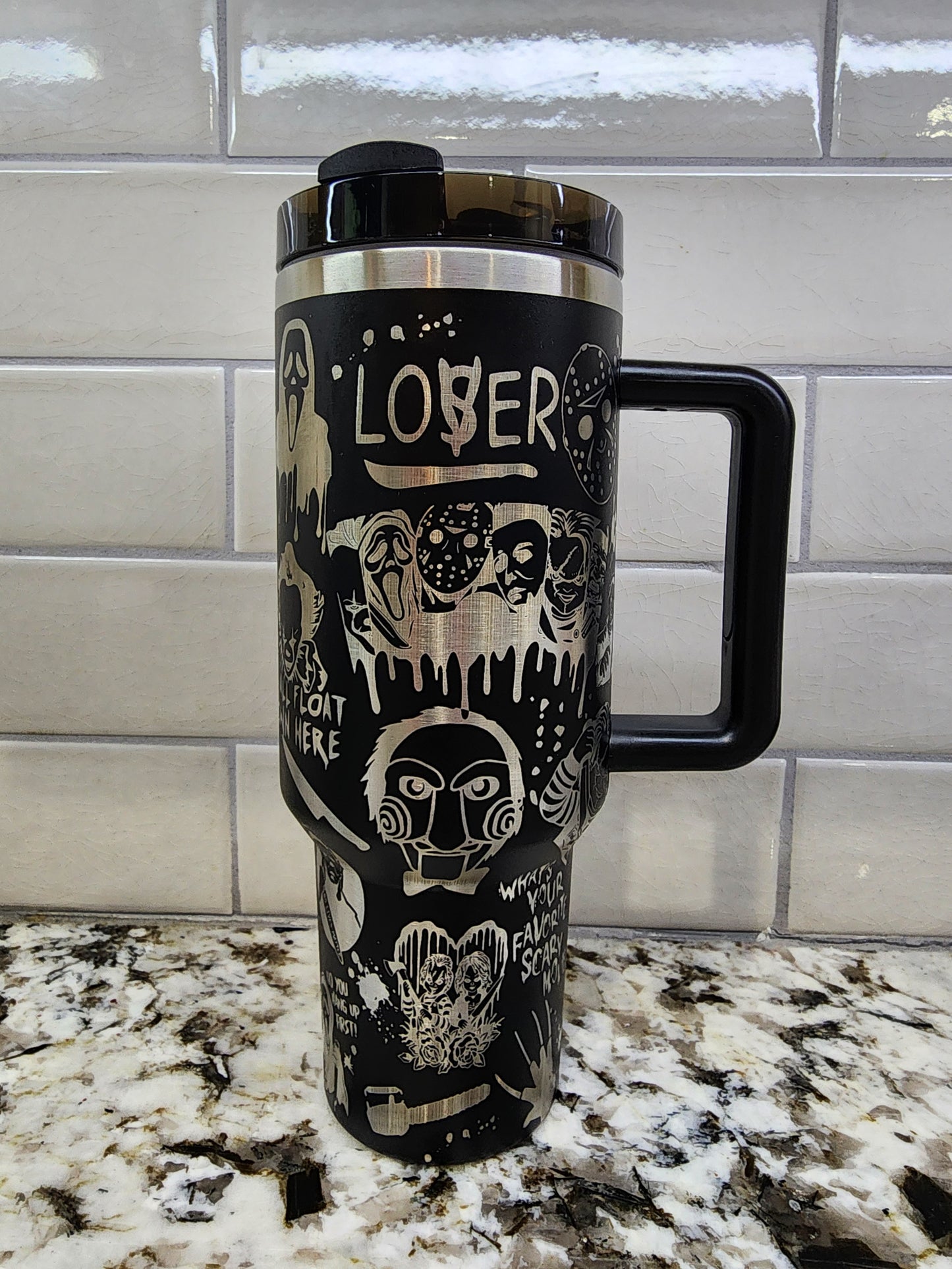 Halloween Horror Characters Themed Engraved 40oz Tumbler | Custom Insulated Travel Mug | Spooky Horror Lover Gift