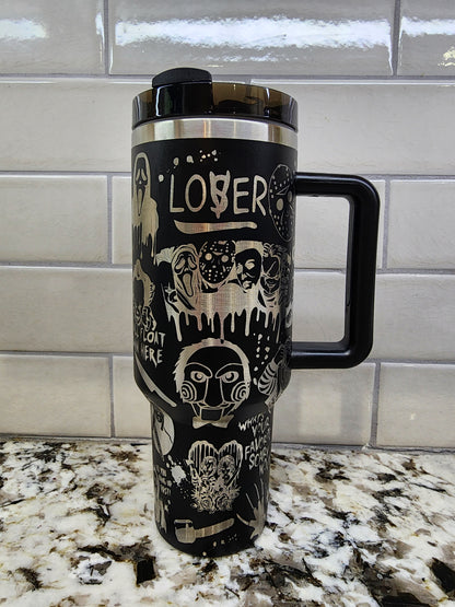 Halloween Horror Characters Themed Engraved 40oz Tumbler | Custom Insulated Travel Mug | Spooky Horror Lover Gift