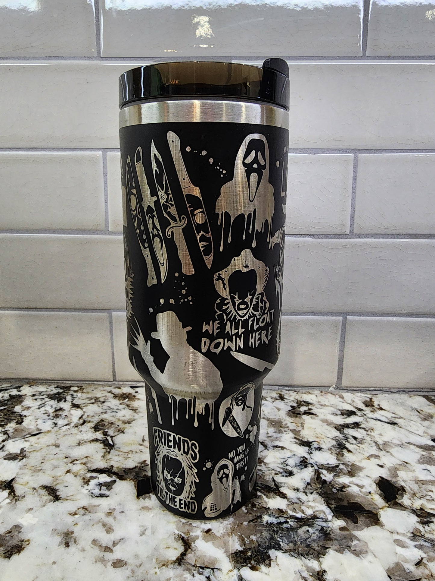 Halloween Horror Characters Themed Engraved 40oz Tumbler | Custom Insulated Travel Mug | Spooky Horror Lover Gift