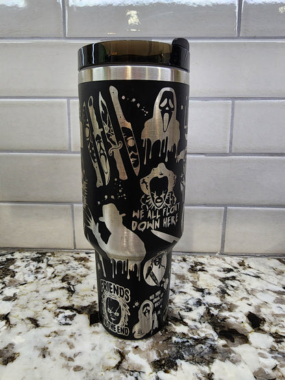Halloween Horror Characters Themed Engraved 40oz Tumbler | Custom Insulated Travel Mug | Spooky Horror Lover Gift