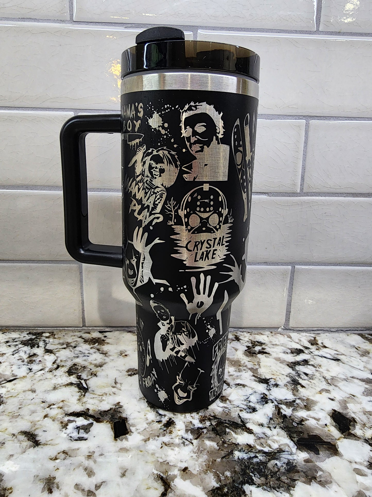 Halloween Horror Characters Themed Engraved 40oz Tumbler | Custom Insulated Travel Mug | Spooky Horror Lover Gift