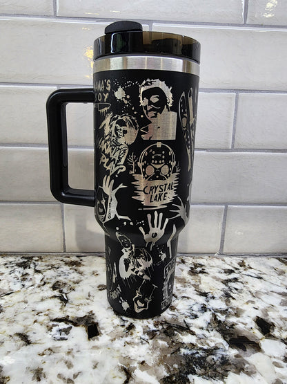 Halloween Horror Characters Themed Engraved 40oz Tumbler | Custom Insulated Travel Mug | Spooky Horror Lover Gift