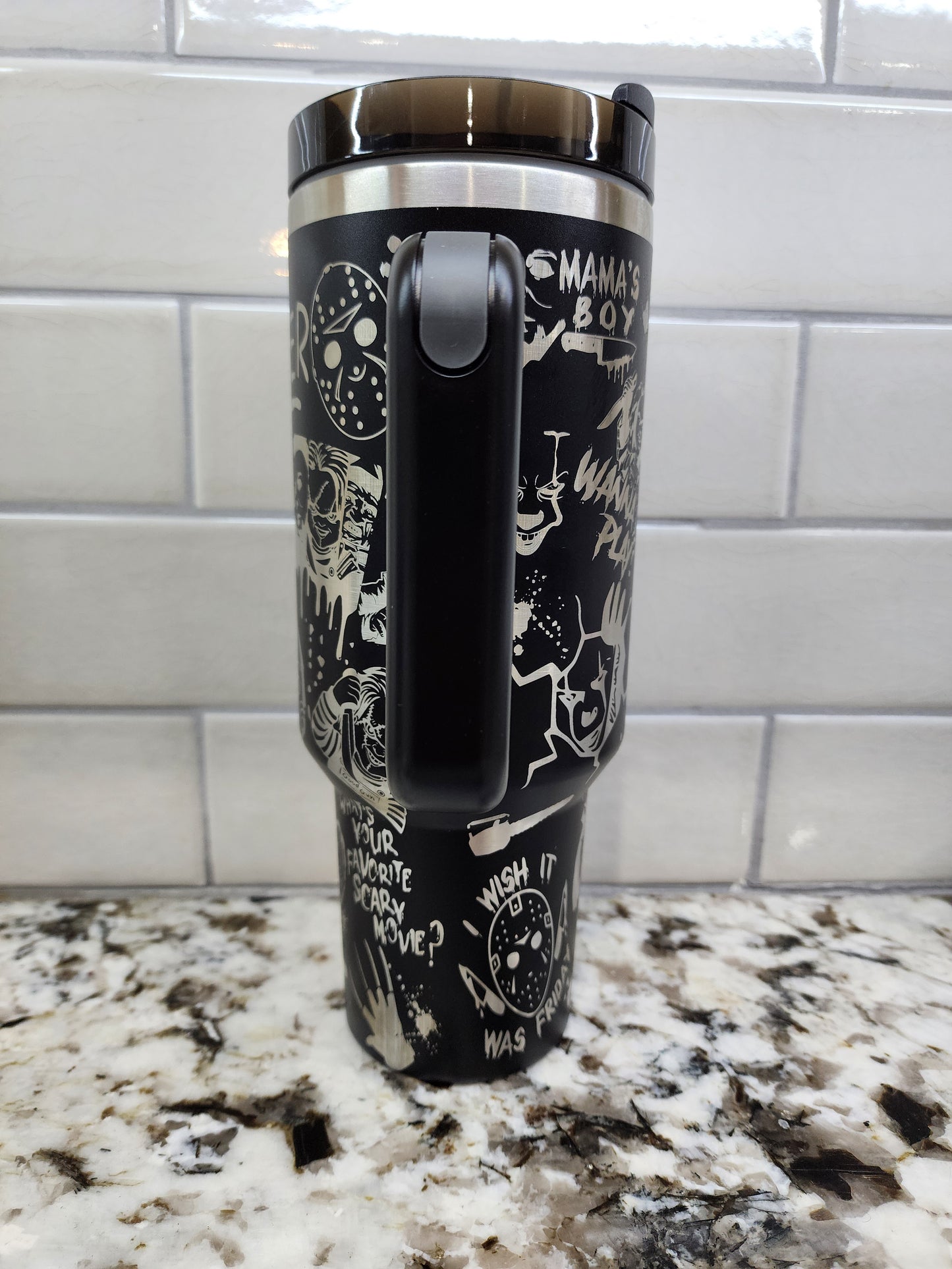 Halloween Horror Characters Themed Engraved 40oz Tumbler | Custom Insulated Travel Mug | Spooky Horror Lover Gift