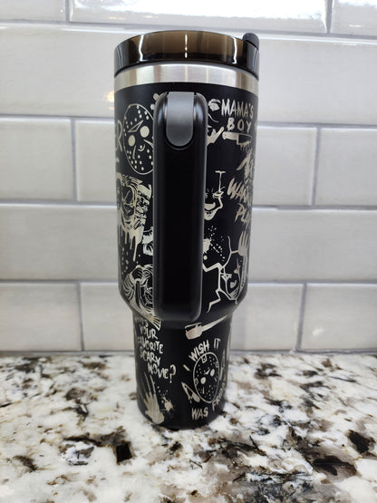Halloween Horror Characters Themed Engraved 40oz Tumbler | Custom Insulated Travel Mug | Spooky Horror Lover Gift