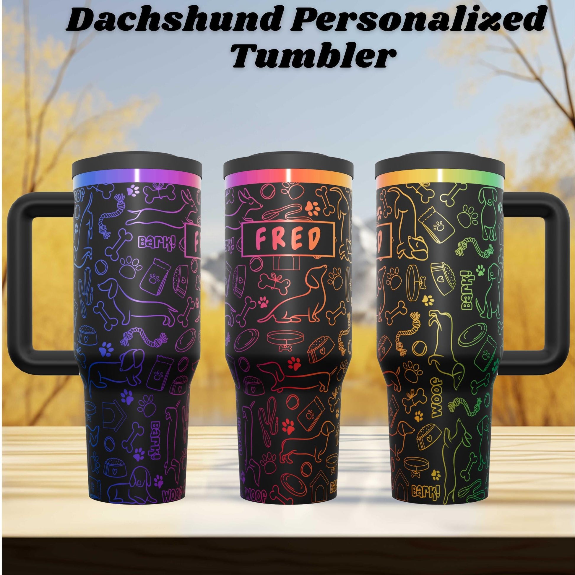 three colorful tumblers with personalized designs, including a dachshund and various dog-related items.