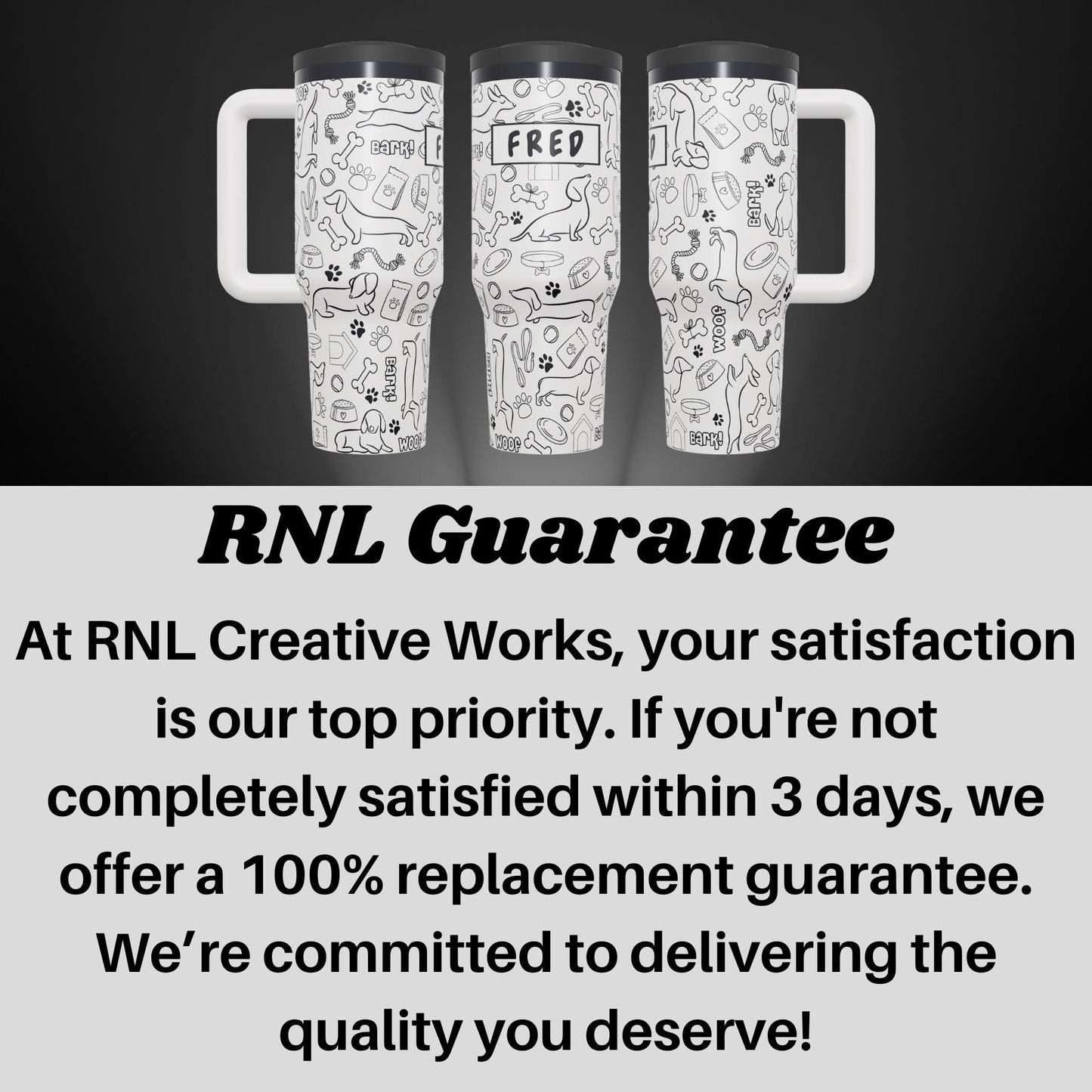 three white tumblers with black designs, arranged in a row against a dark background.