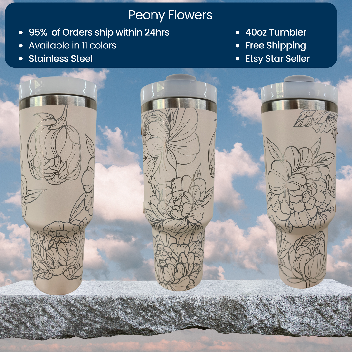a set of three tumblers sitting on top of a rock