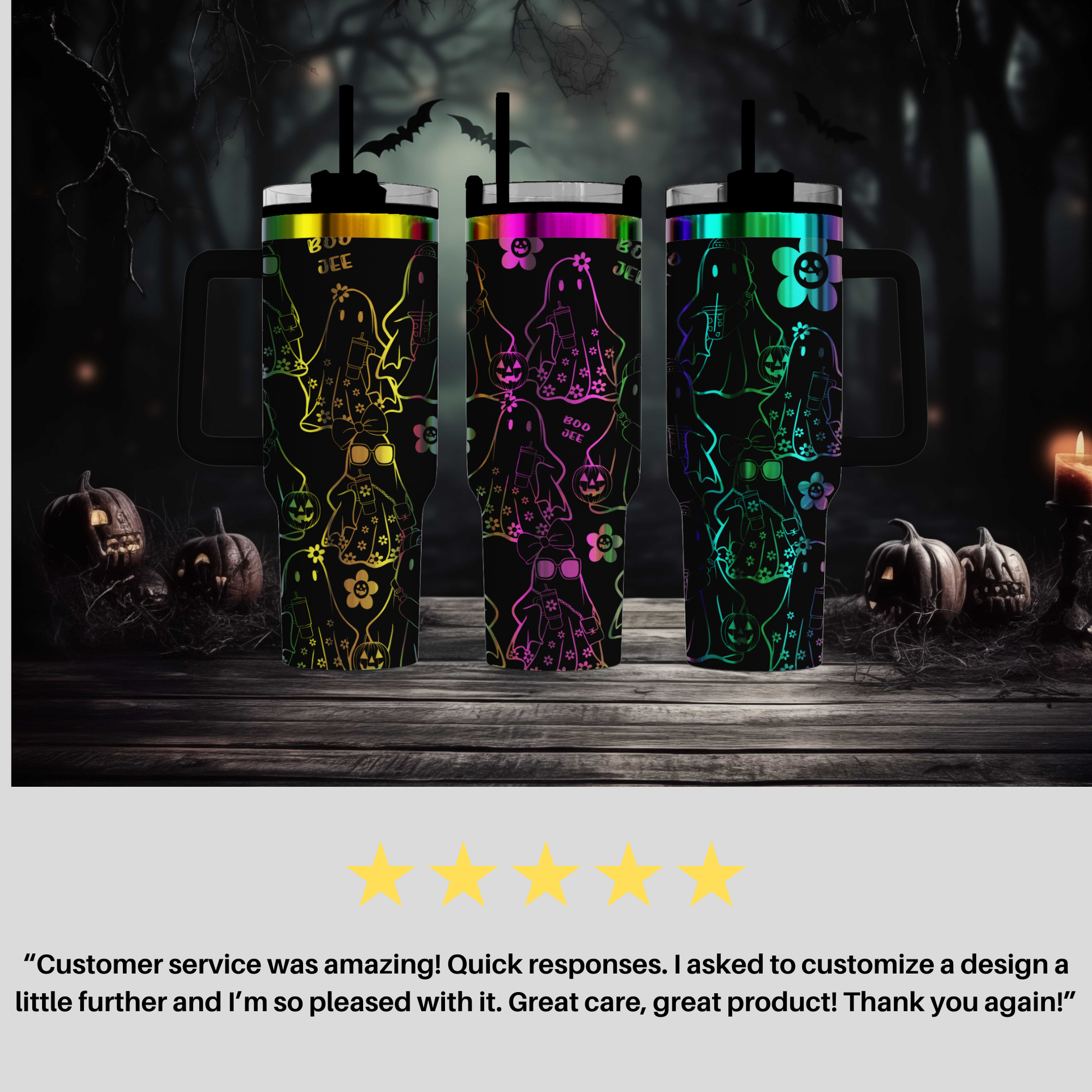 a group of three colorful cups sitting on top of a wooden table