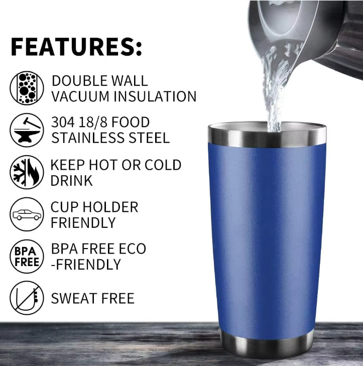 a blue tumbler cup with instructions on how to use it