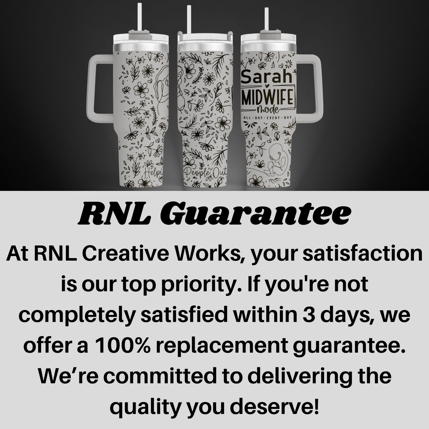 a black and white photo of two mugs with the words rni guaran