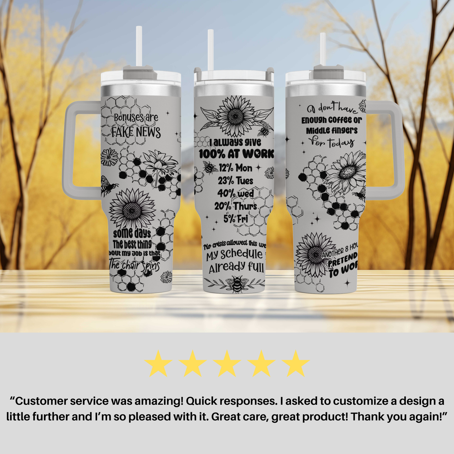 a set of three travel mugs with the words, customer service amazing quick response