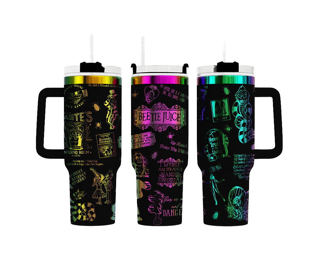 a set of three tumblers with different designs on them