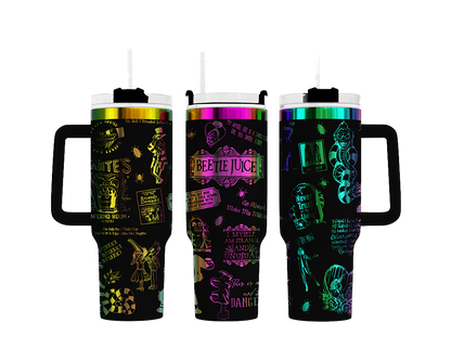a set of three tumblers with different designs on them