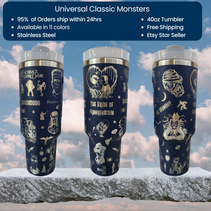 three travel mugs with different designs on them
