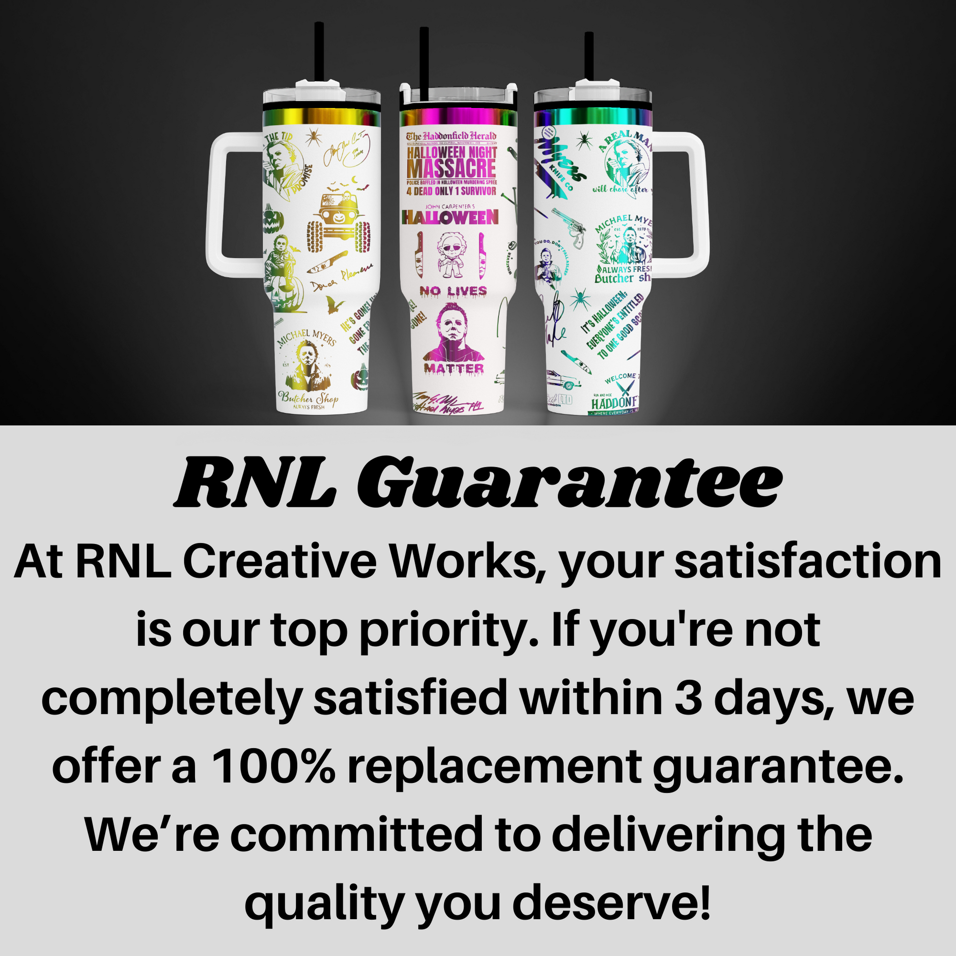 three travel mugs with the words rni guarantee