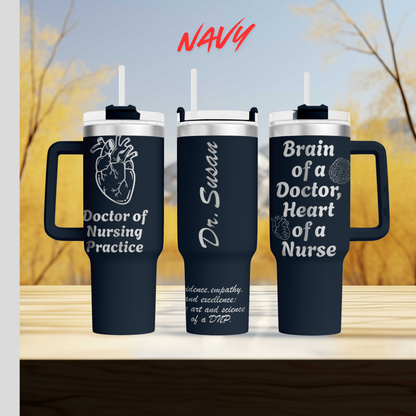 two black travel mugs with the words brain of a doctor, heart of a