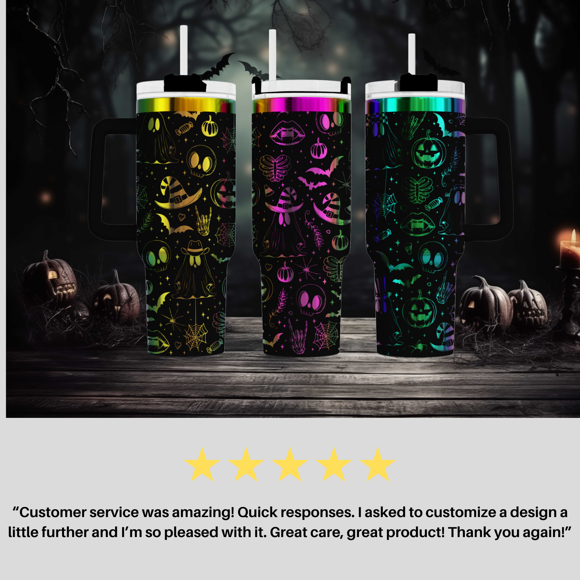 a group of three colorful tumblers sitting on top of a wooden table