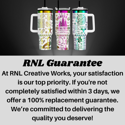 three colorful, patterned travel mugs with the text "RNL Creative Works" and "RNL Guarantee" displayed on them.