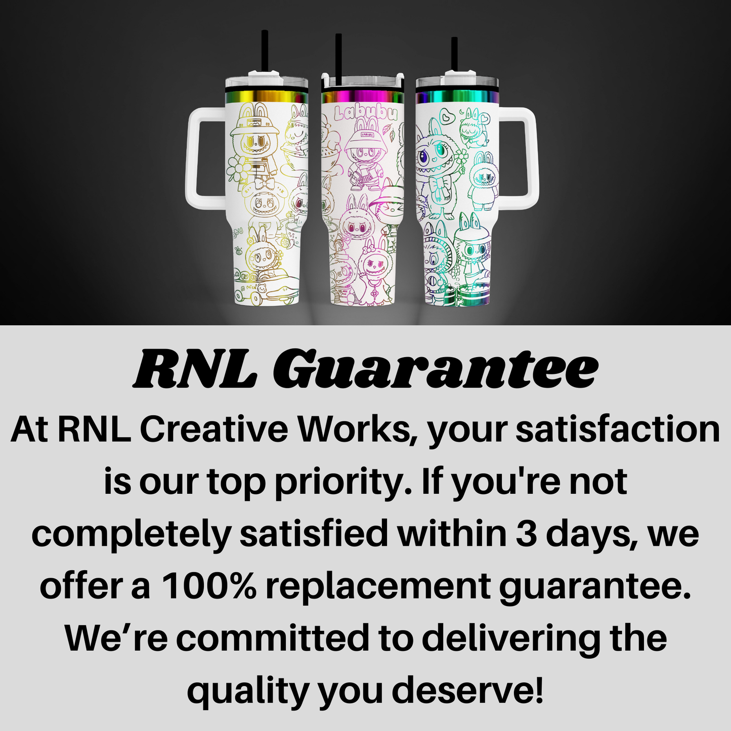 three colorful, cartoon-style tumblers with handles and straws, arranged in a row against a dark background.