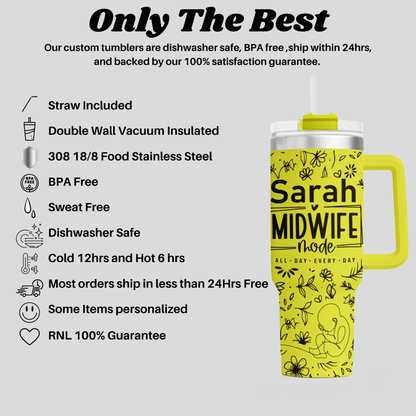 a yellow travel mug with the description of the product