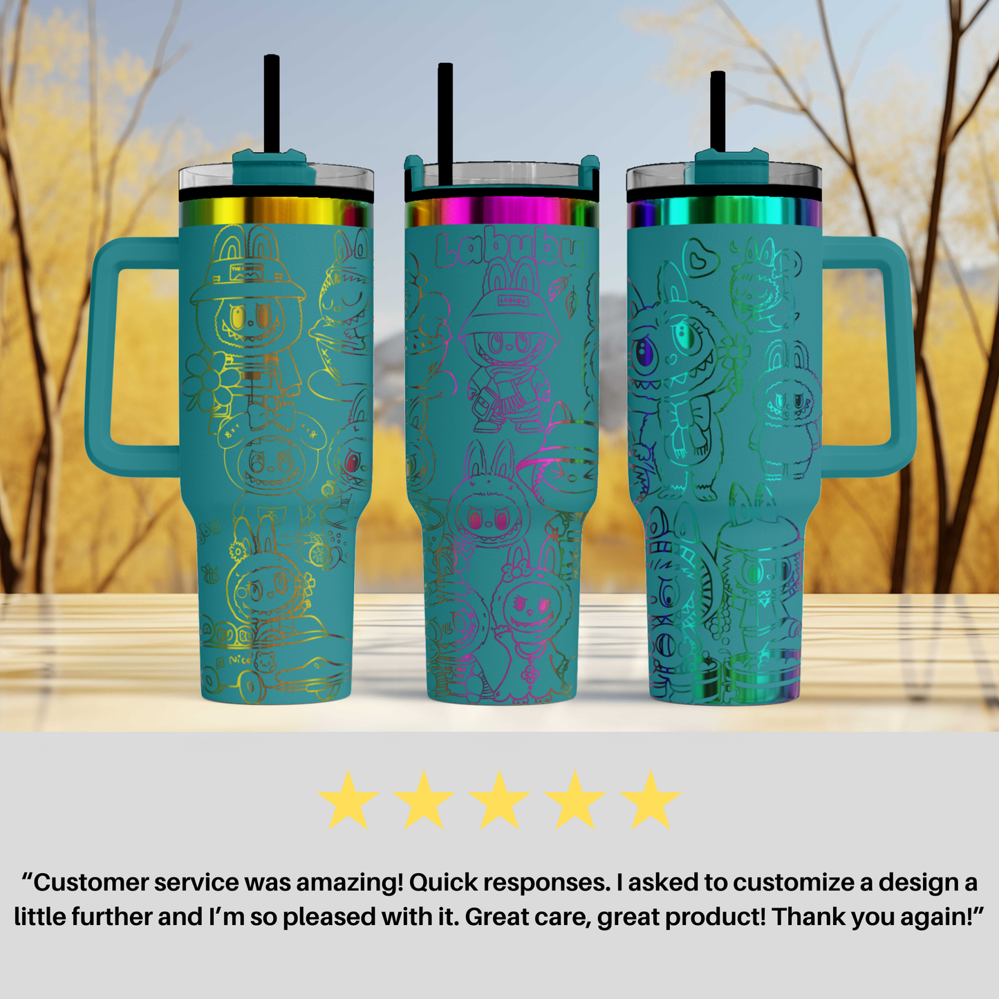 three colorful teal-colored tumblers with unique designs, including cartoon-like characters and patterns. The tumblers are placed side by side, with a blurred background that appears to be a natural outdoor setting with trees.