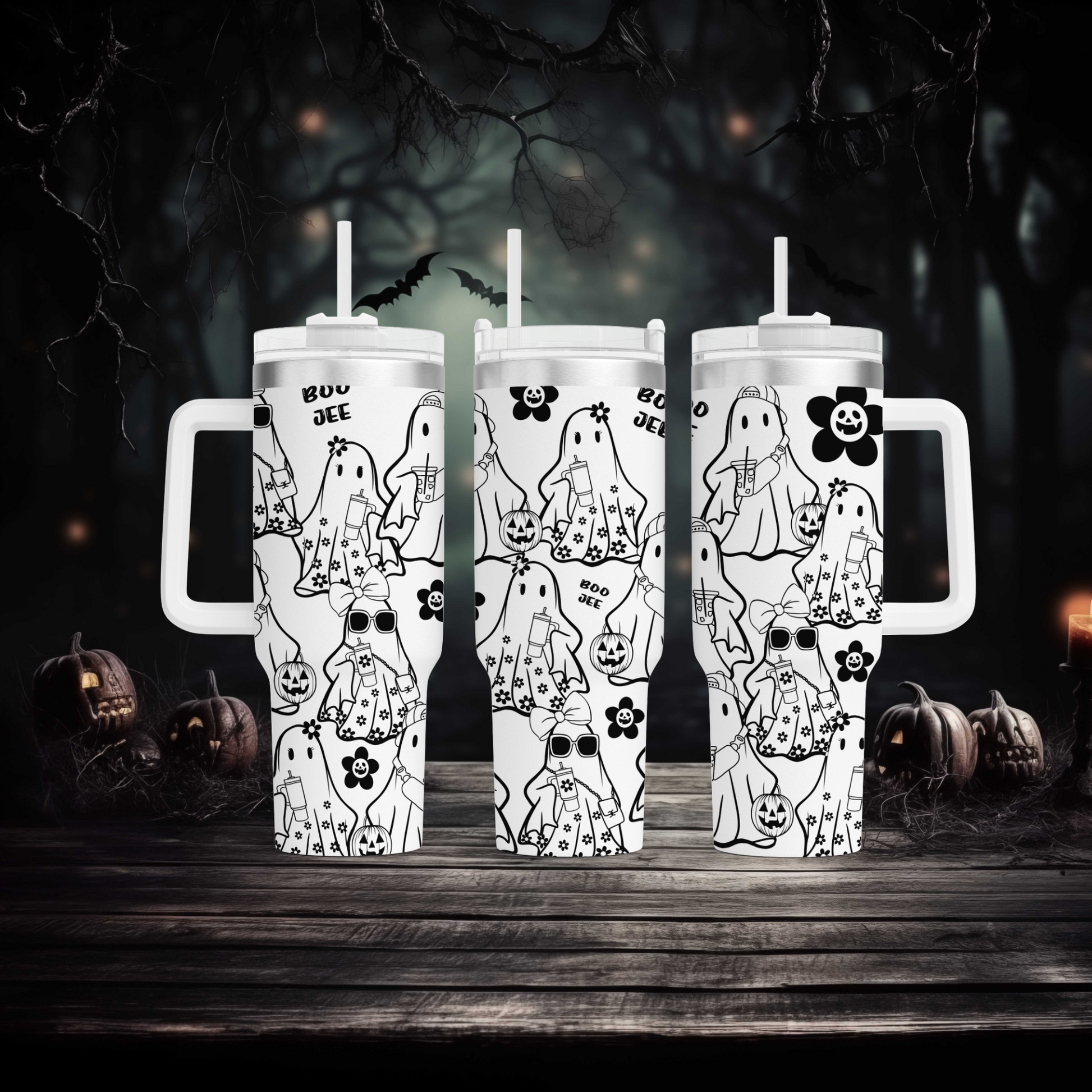 a couple of white cups sitting on top of a wooden table
