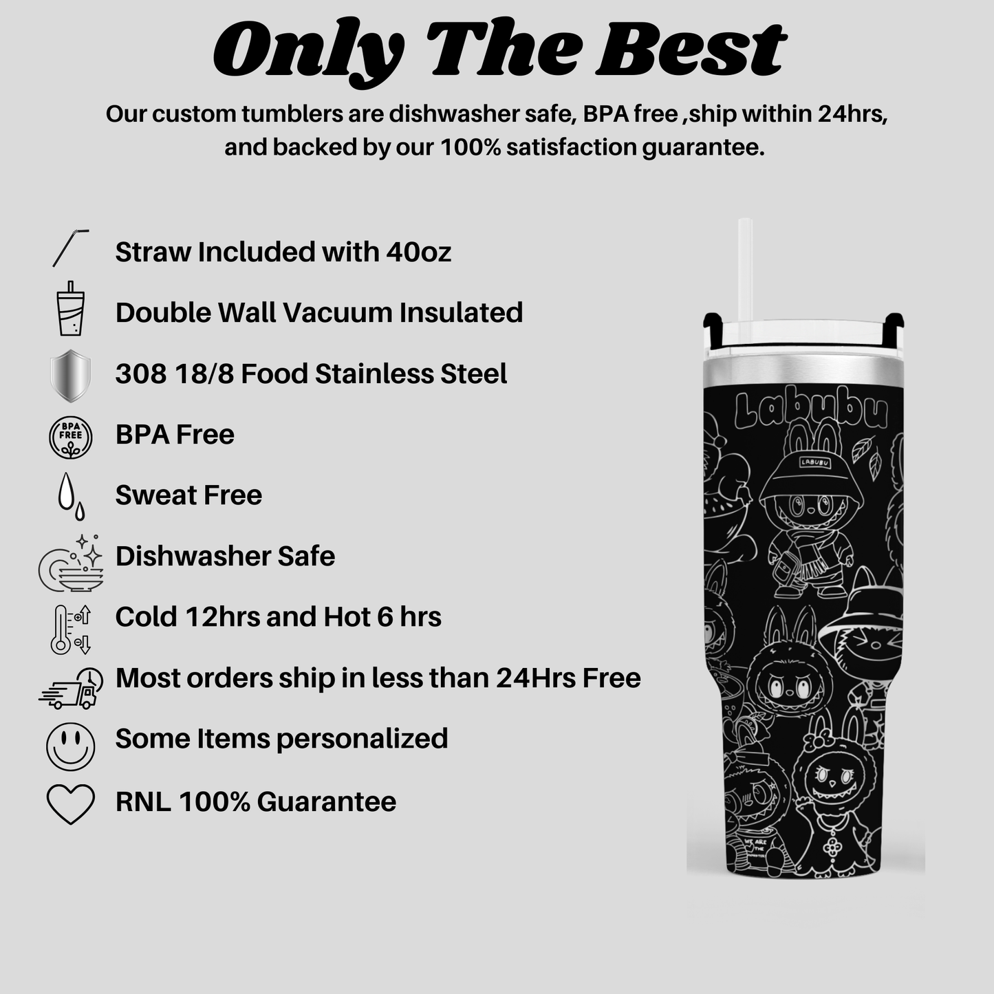 a black and white illustration of a custom tumbler with various features and a message about the benefits of the product.