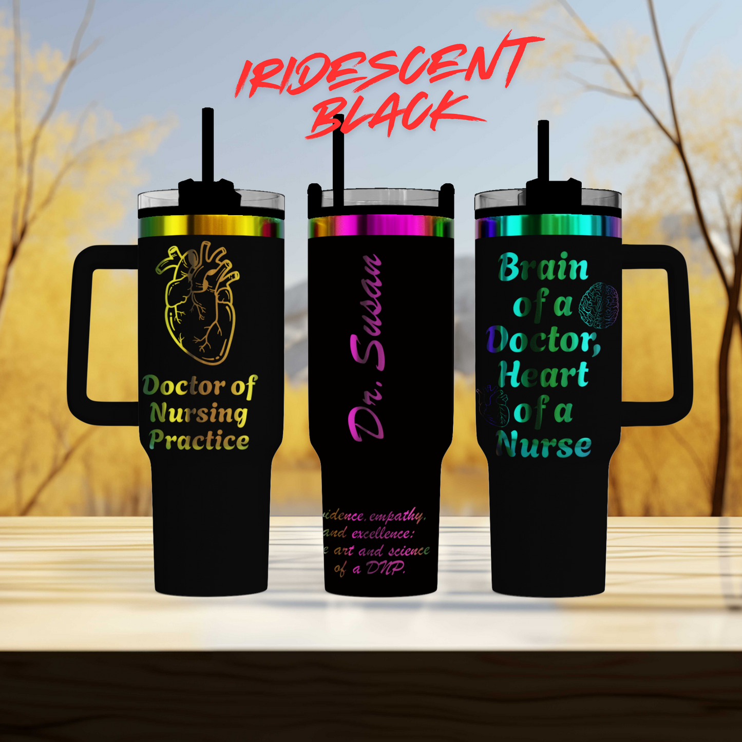 three travel mugs sitting on top of a table