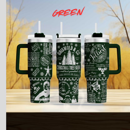 A collage of three green tumblers with various Christmas-themed text and graphics printed on them, set against a blurred background of trees.