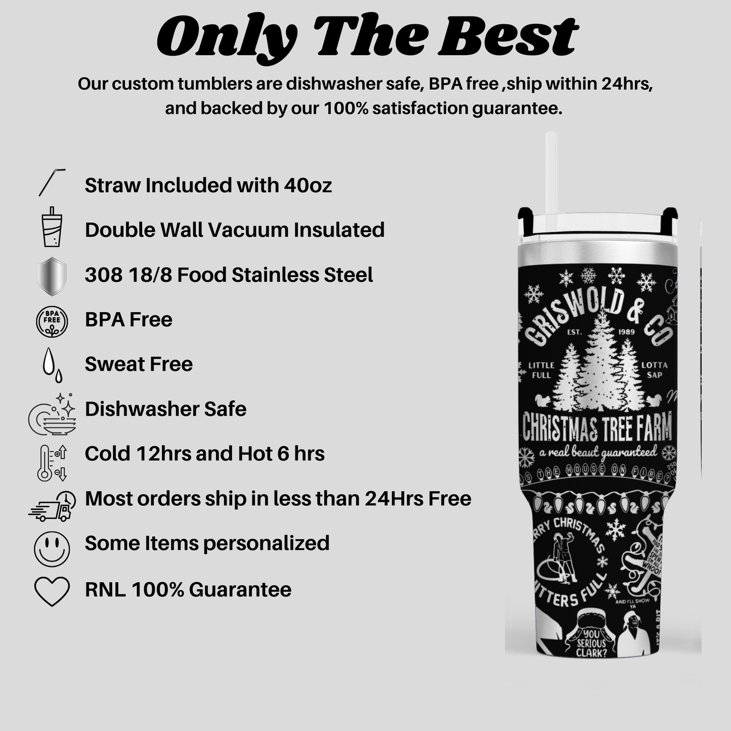 a stainless steel insulated tumbler with a black and white design, including a straw, a double wall vacuum, and a BPA-free design. The tumbler is described as dishwasher safe, environmentally friendly, and has a 100% satisfaction guarantee.