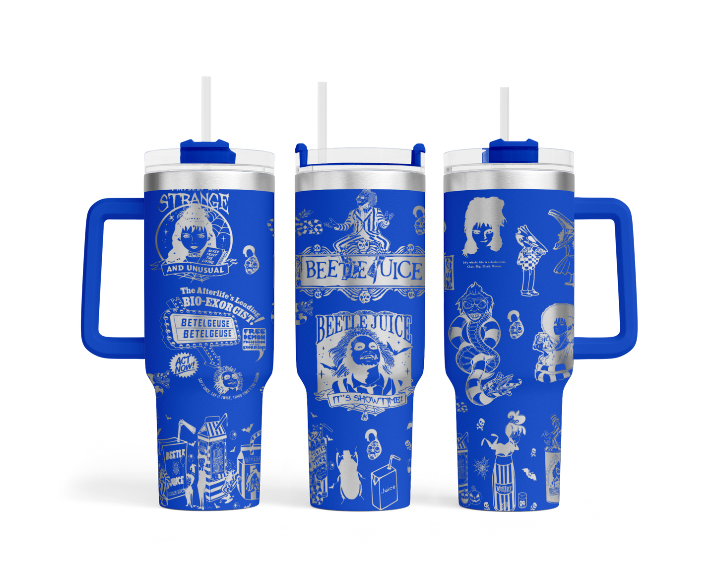 a set of three blue travel mugs