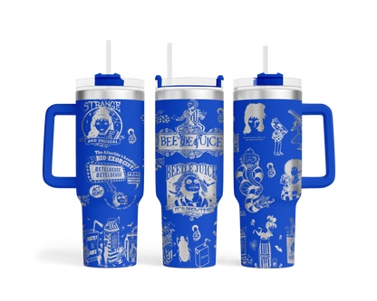 a set of three blue travel mugs