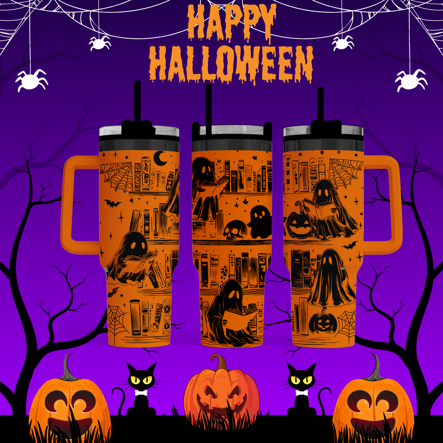 A Halloween-themed image featuring three orange tumblers with spooky designs, including bats, skulls, and pumpkins, against a purple background with spider webbing and black silhouettes of trees.