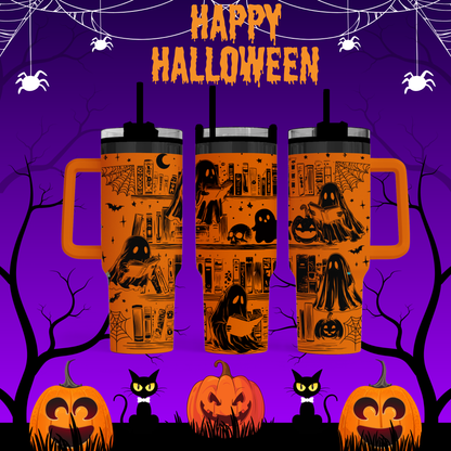 A Halloween-themed image featuring three orange tumblers with spooky designs, including bats, skulls, and pumpkins, against a purple background with spider webbing and black silhouettes of trees.