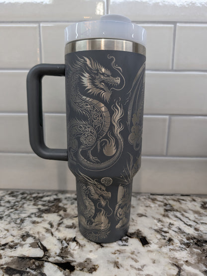 40oz Charcoal Seamless Dragon Engraved Tumbler