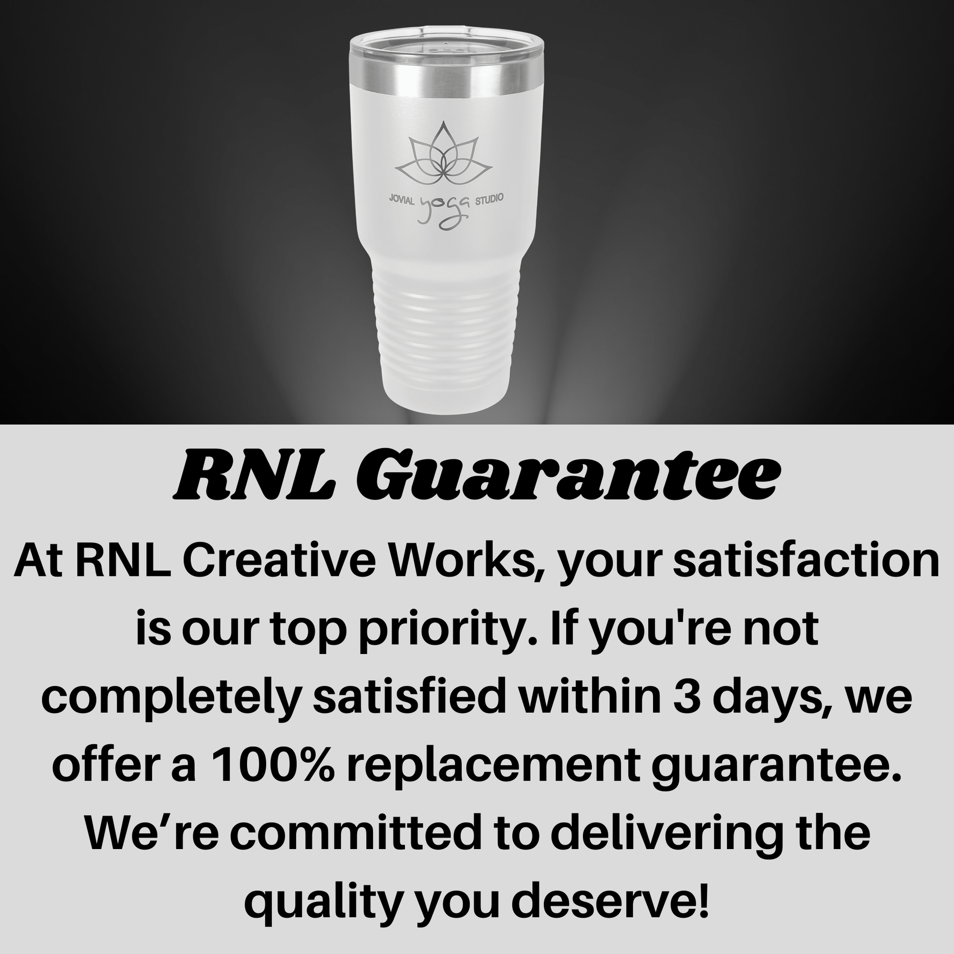 a picture of a glass with the words rnl guarantee
