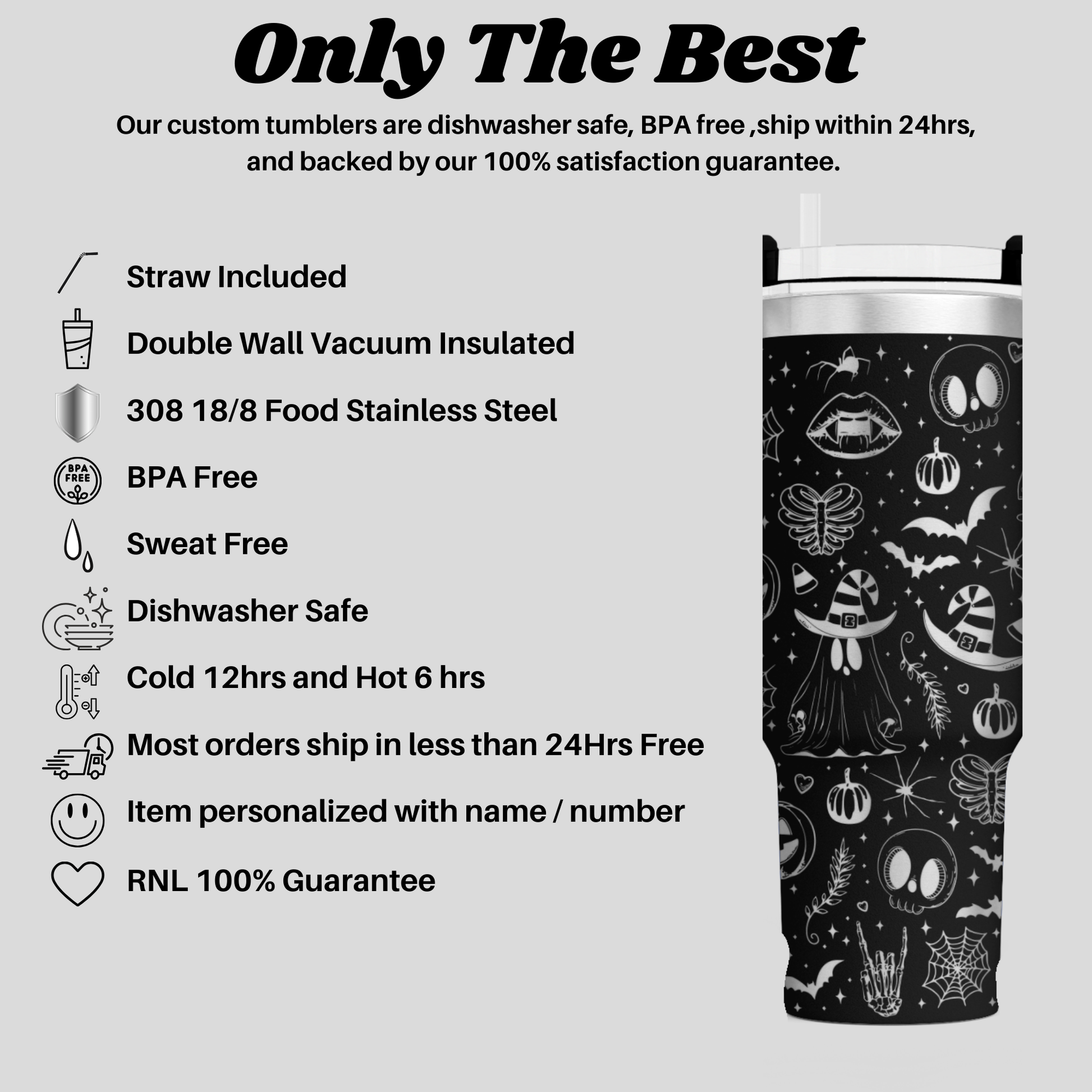 a black and white image of a cup with the words, only the best