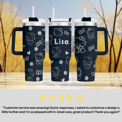 three Hello Kitty insulated tumblers with black and white designs and the name "Lisa" printed on them. The tumblers have handles and straws, and there is a 5-star rating from a customer who praised the customer service and the product.