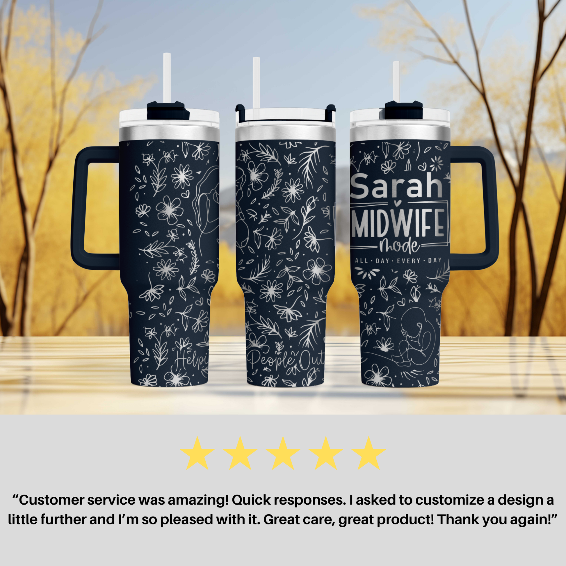 three travel mugs sitting on top of a table