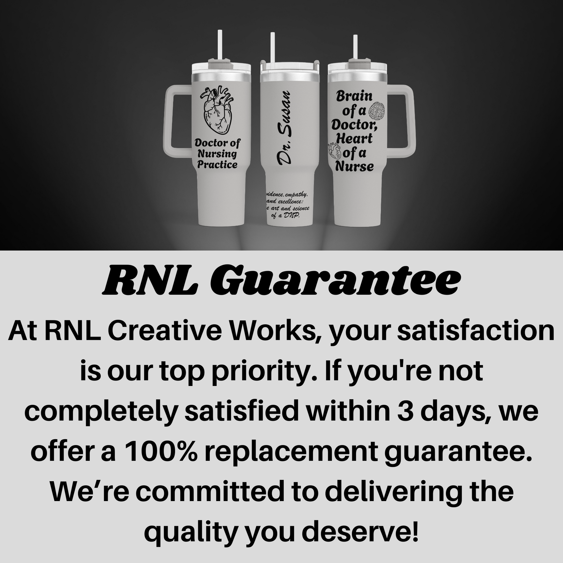 a black and white photo of two white cups with the words rni guaran