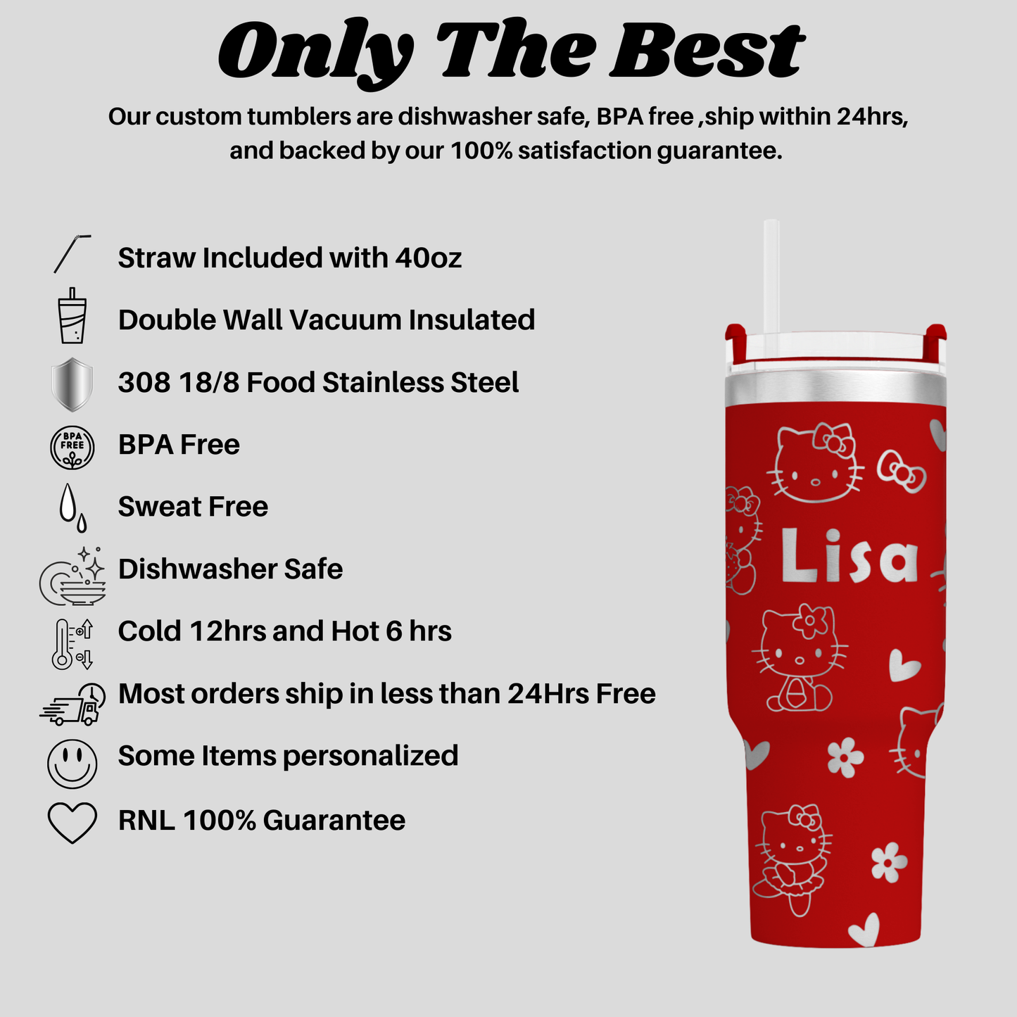 a red Hello Kitty branded stainless steel tumbler with a straw, highlighting its features such as being dishwasher safe, BPA free, sweat free, and having a 100% satisfaction guarantee.