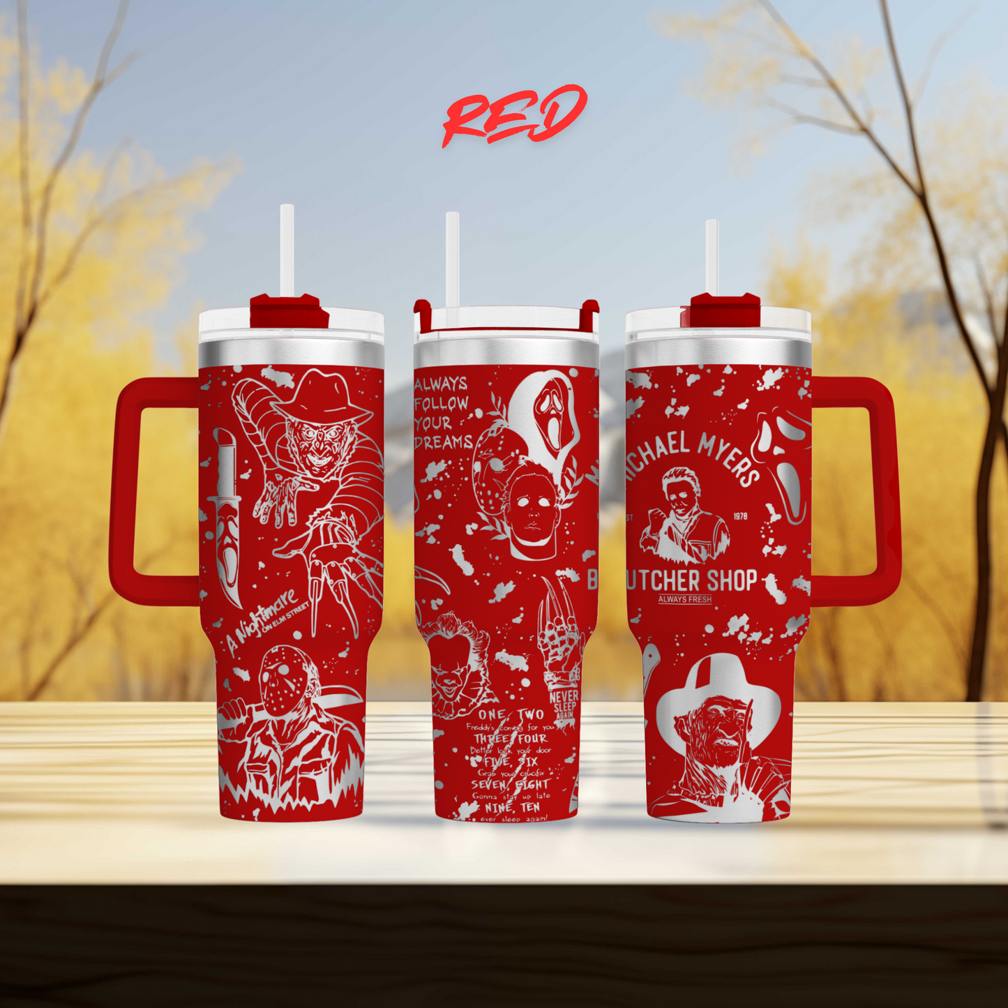 a couple of red cups sitting on top of a table