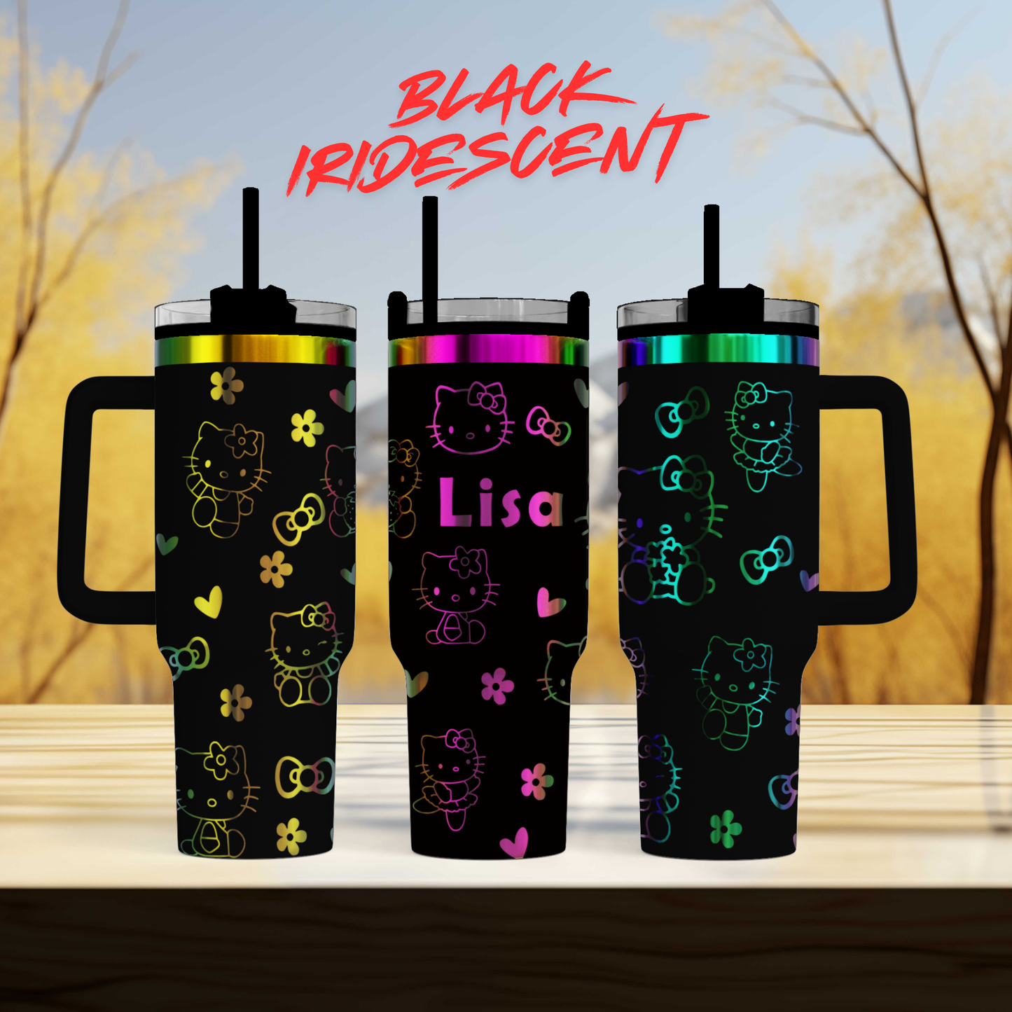 three Hello Kitty tumblers with personalized names on them.
