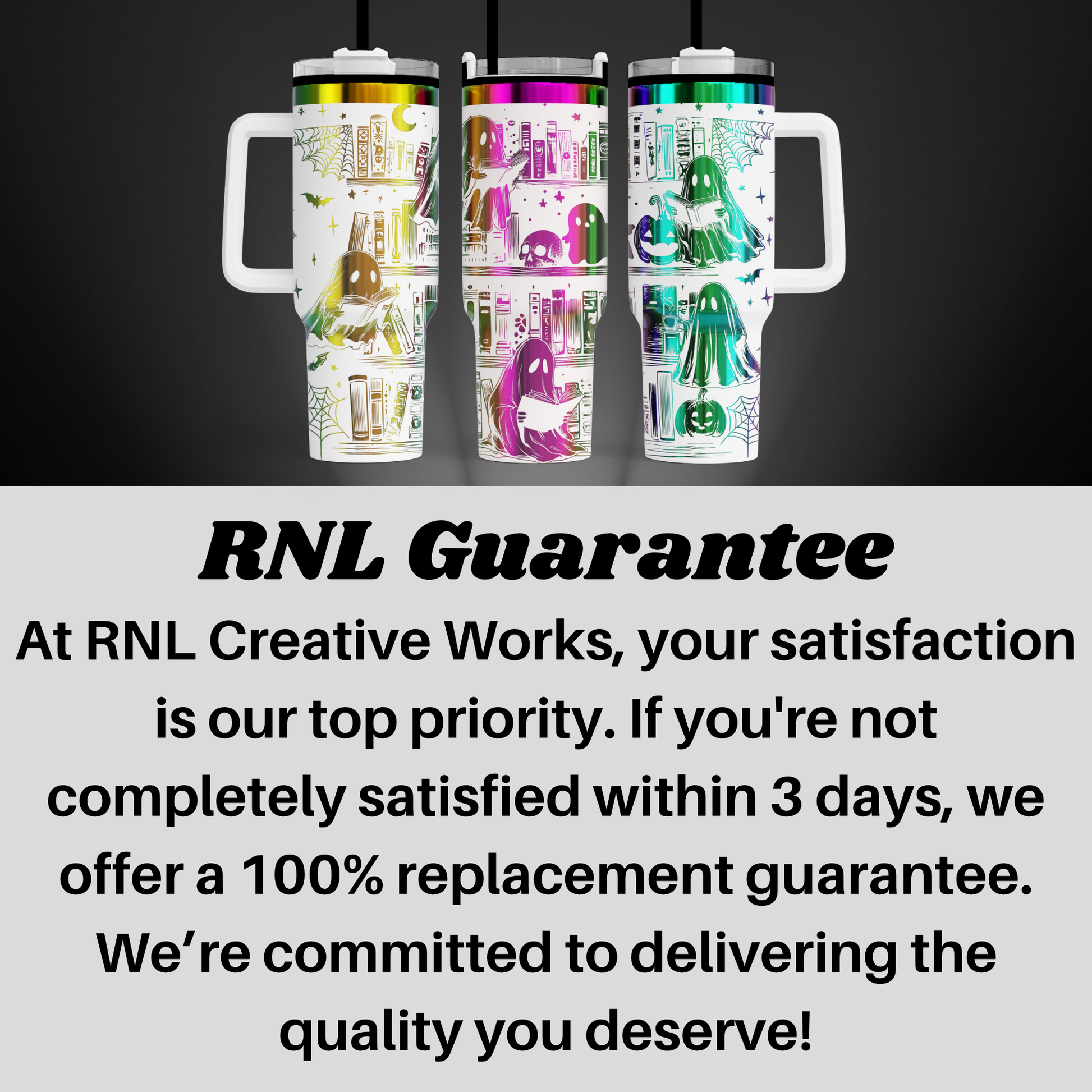 three colorful, patterned tumblers with handles, arranged in a row against a dark background.