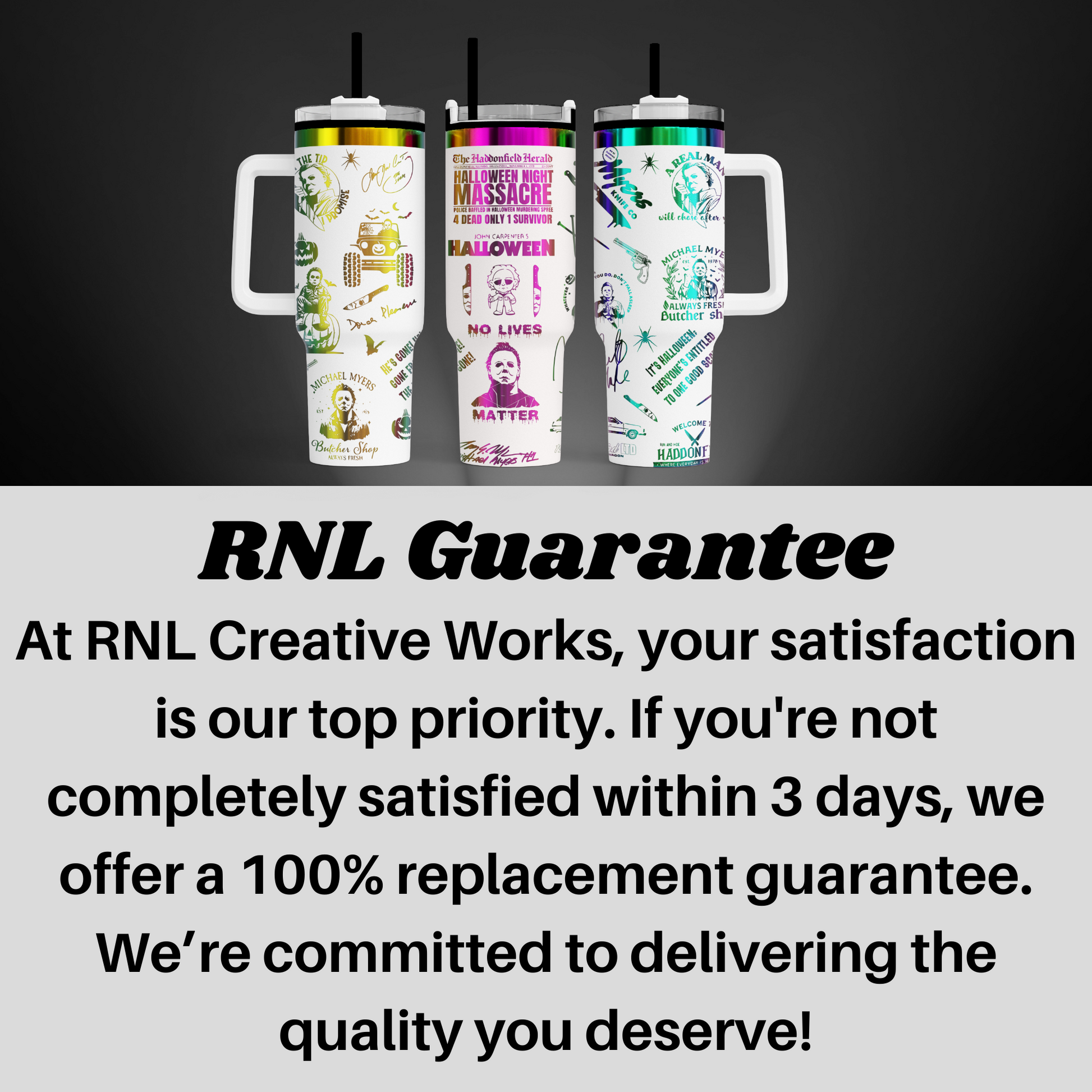 three travel mugs with the words rni guarantee