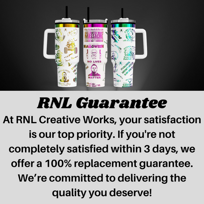 three travel mugs with the words rni guarantee