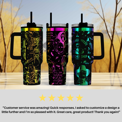 three different colored tumblers sitting next to each other