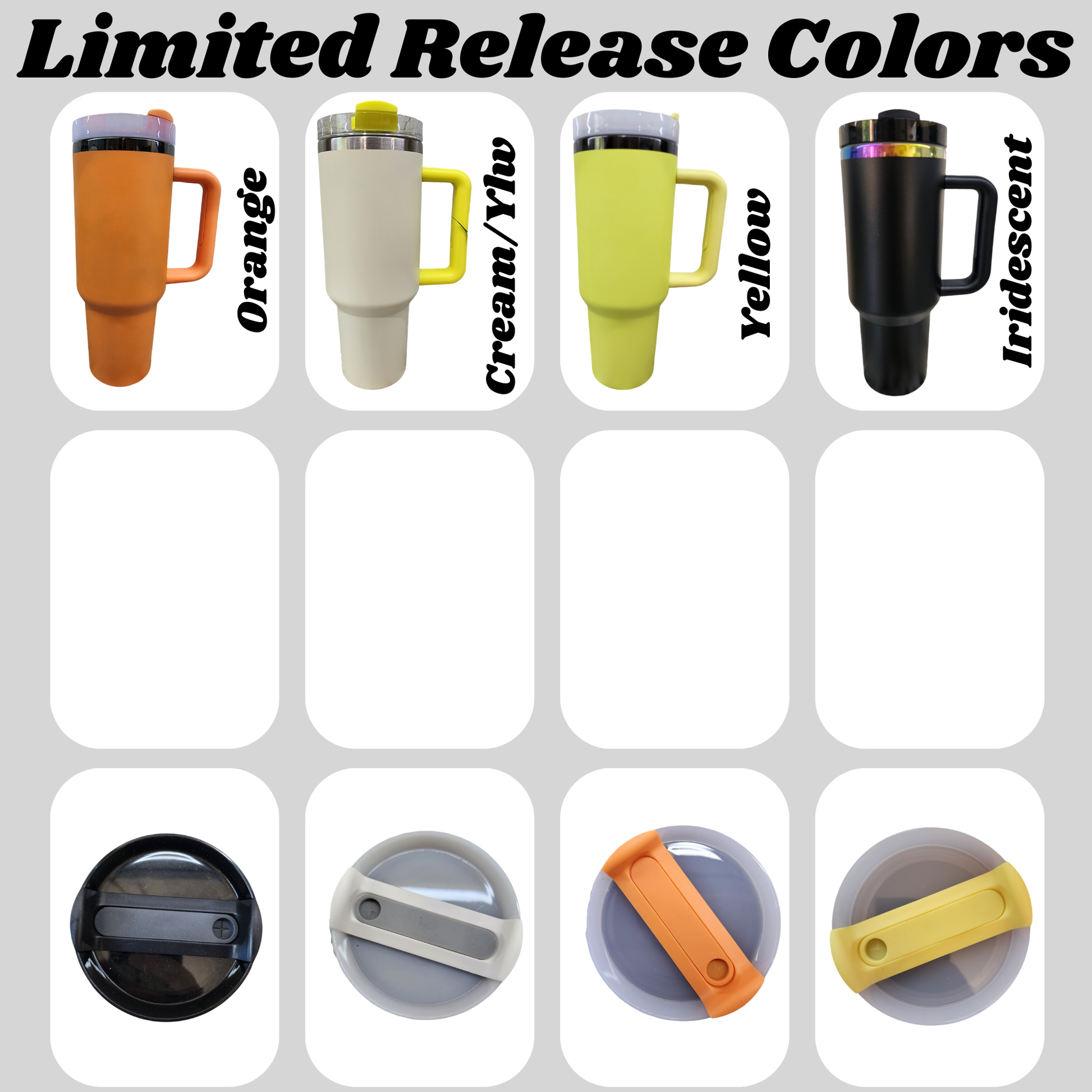 a set of different colored coffee mugs on a white background
